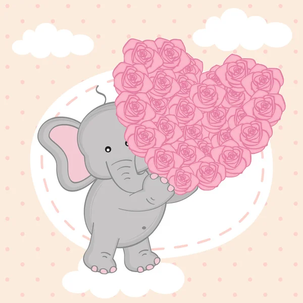Elefante sosteniendo el corazón de rosas en la nube — Vector de stock