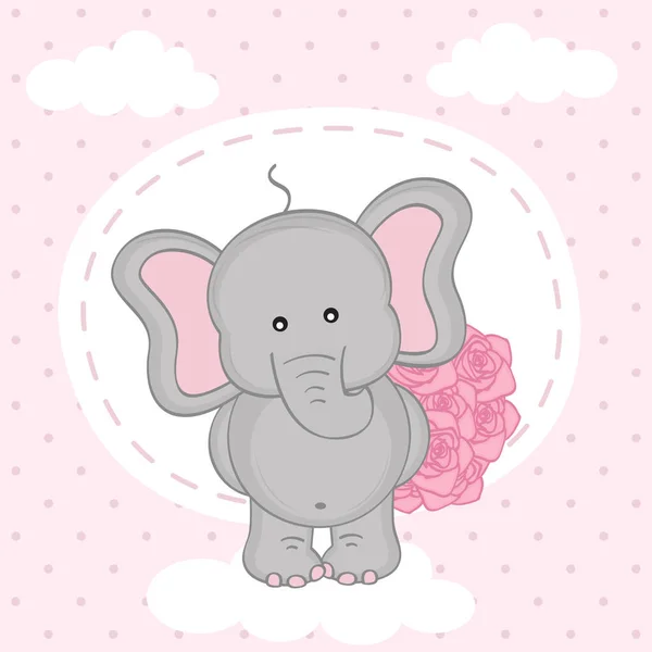 Elefante con ramo de rosas en la nube — Vector de stock