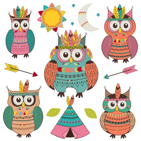 Set of isolated tribal owls — Stock Vector
