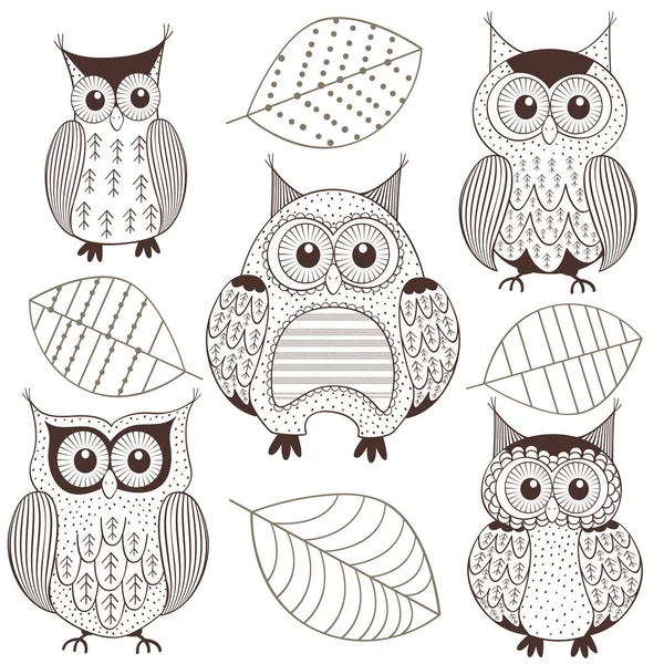 Set of isolated monochrome owls — Stock Vector