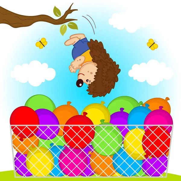 Hedgehog jumps in basket with balloons — Stock Vector