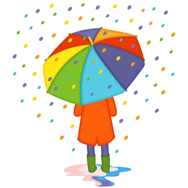 Girl hiding from colored rain under umbrella back view — Stock Vector