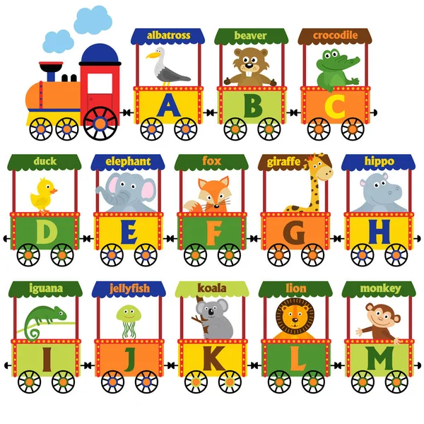 Alfabeto del tren con animales A a M — Vector de stock