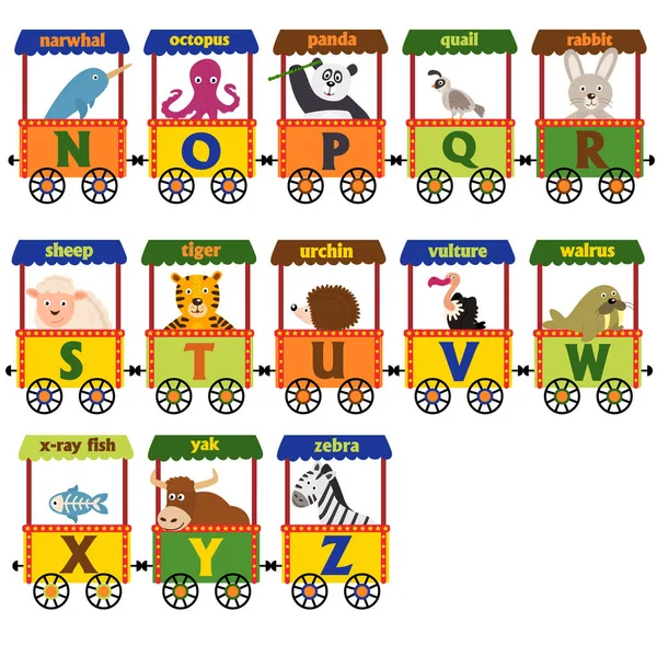 Alfabeto del tren con animales N a Z — Vector de stock