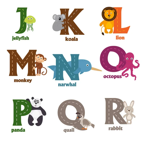 Alphabet avec animaux J à R — Image vectorielle