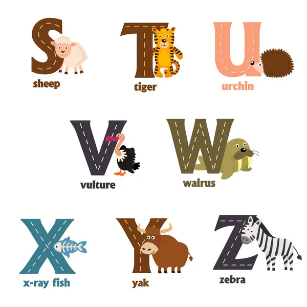 Alphabet with animals S to Z — Stock Vector