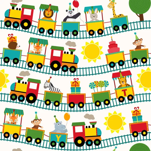 Tren patrón sin costuras con personajes de cumpleaños — Vector de stock