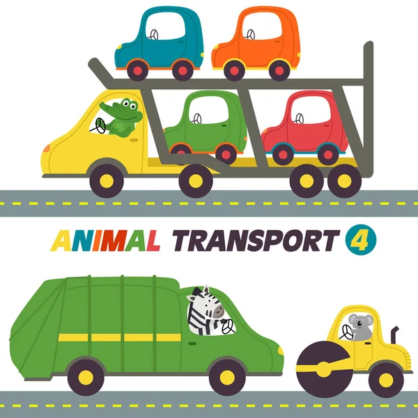 Conjunto de transportes aislados con animales parte 4 — Vector de stock