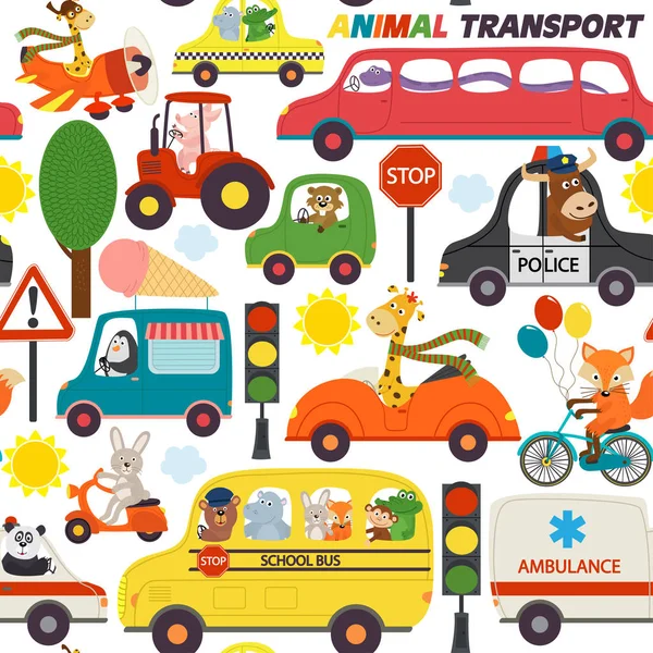 Transporte de patrones sin costura con animales — Vector de stock