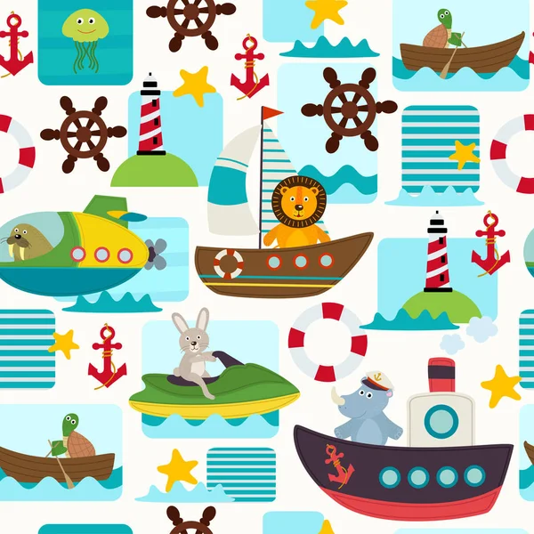 Seamless pattern sea transports with animals — Stock Vector