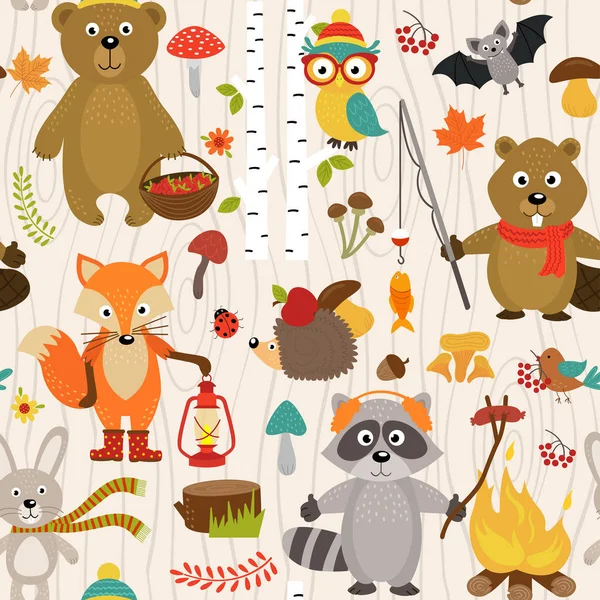 Patrón sin costuras con animales de bosque sobre fondo beige — Vector de stock