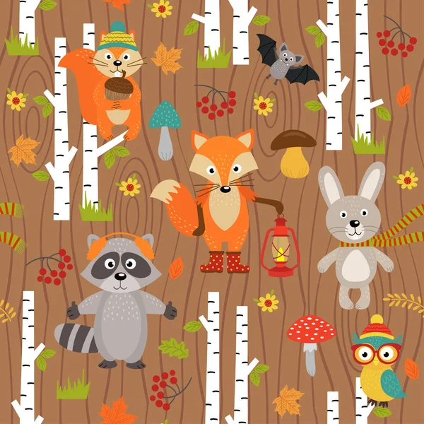 Seamless mönster med djur i skogen på brun bakgrund — Stock vektor