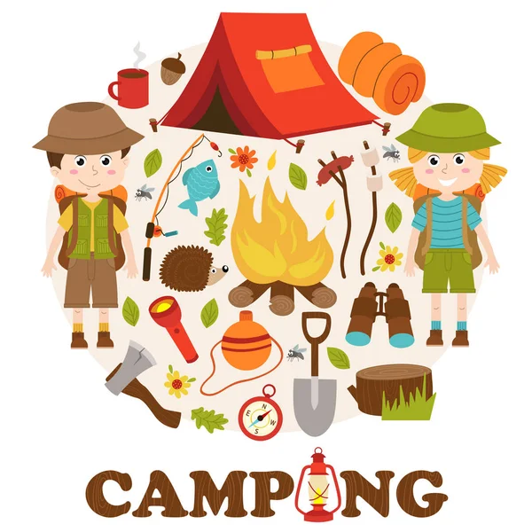 Elementos de acampamento e personagens — Vetor de Stock