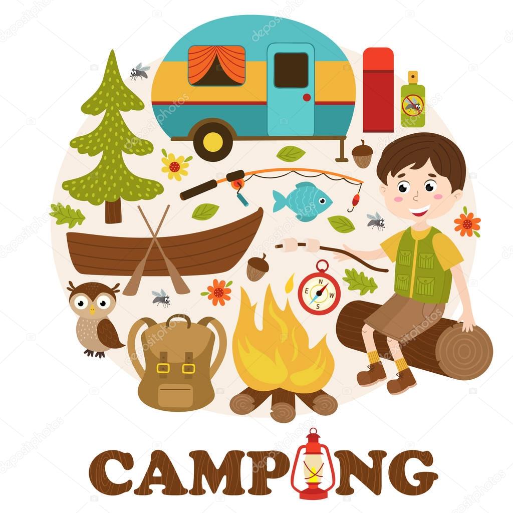 camping elements and boy  