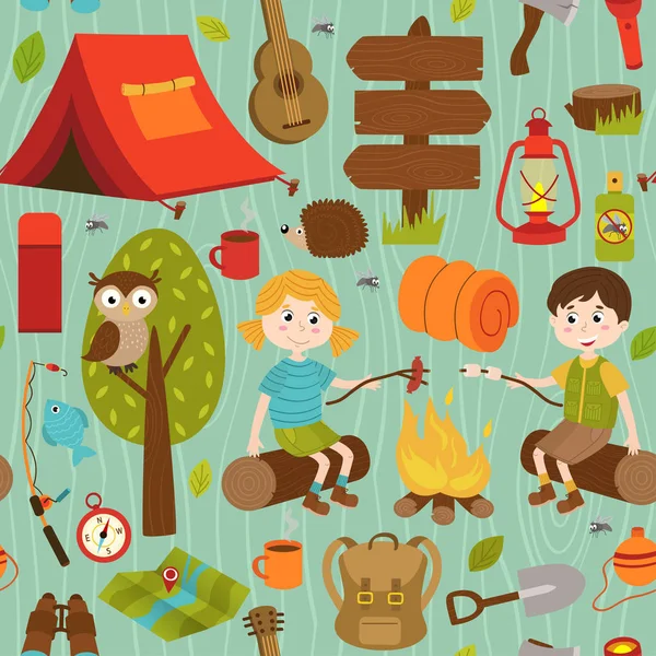 Seamless pattern with camping elements and characters — Stock Vector