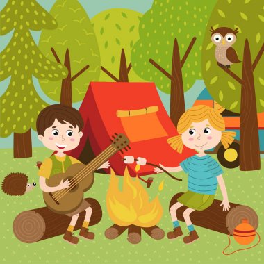 çocuklar yaz kampı şenlik ateşi yakın 