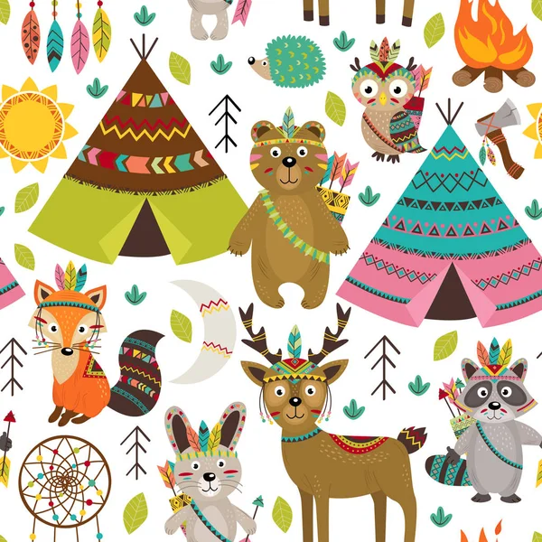 Seamless pattern with tribal animals and elements — Stock Vector