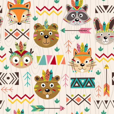 seamless pattern with tribal animals faces