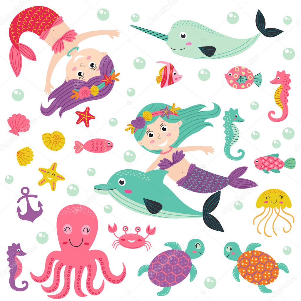 set of isolated mermaid with marine animals