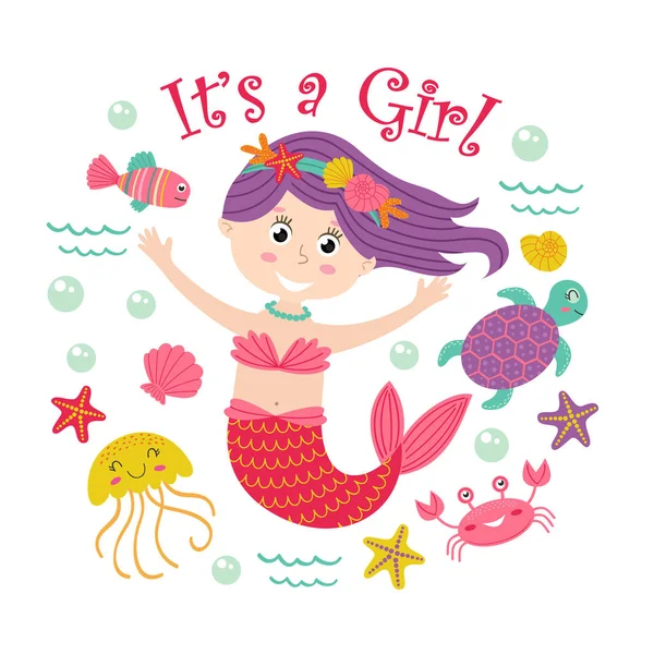 Deniz kızı kız ve deniz hayvanları ile kartı — Stok Vektör