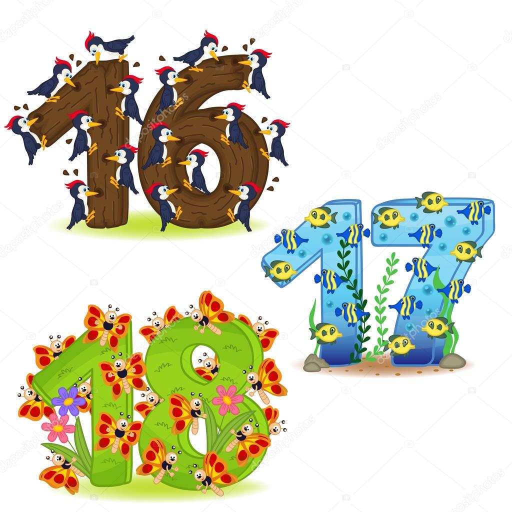 set of numbers with number of animals from 16 to 18 