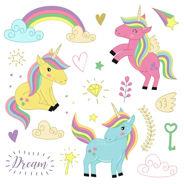 Conjunto de unicornios y elementos aislados parte 1 — Vector de stock