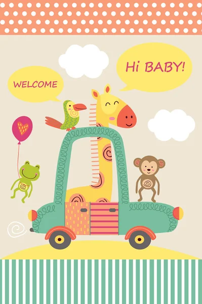 Tarjeta con jirafa bebé en coche — Vector de stock