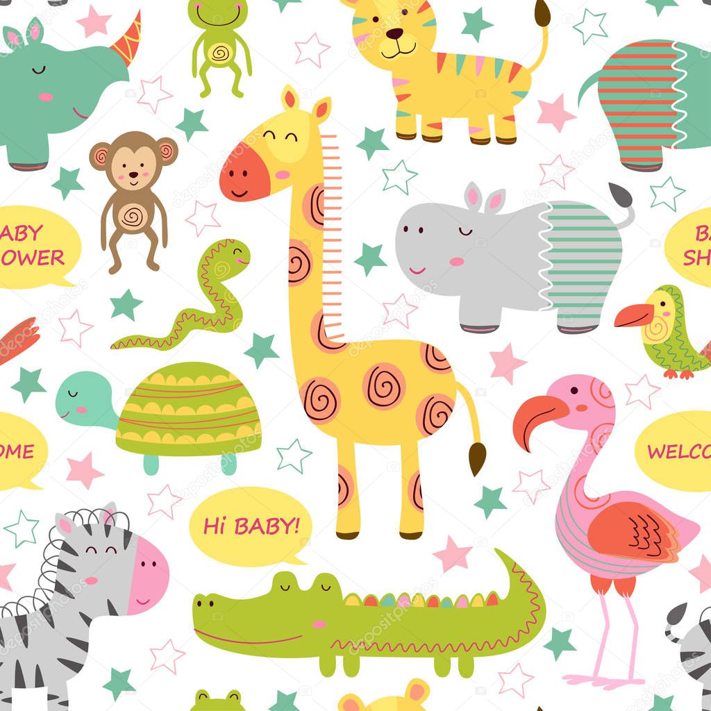 seamless pattern with baby jungle animals on white background 