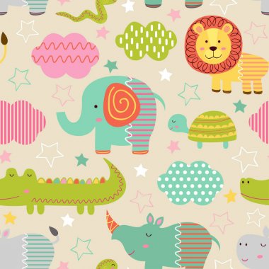 seamless pattern with baby jungle animals clipart