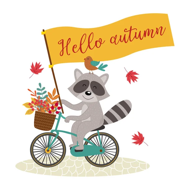 Tarjeta mapache paseos en bicicleta con hojas de otoño — Vector de stock