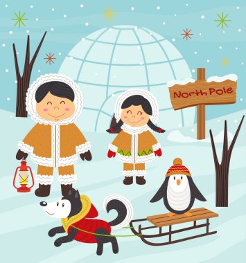 Eskimo erkek ve kız kutup hayvanları ile