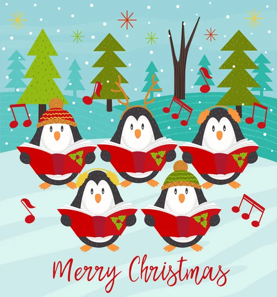 快乐圣诞贺卡与唱诗班企鹅 — 图库矢量图片