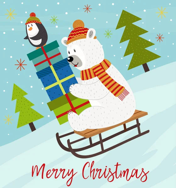 Buon Natale con orso polare e pinguino sulla slitta — Vettoriale Stock