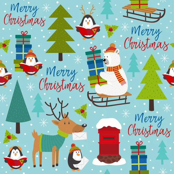 Seamless pattern Merry Christmas with arctic animals — Stock Vector