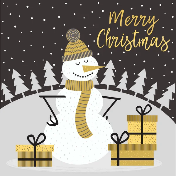 Feliz Navidad tarjeta de oro con muñeco de nieve — Archivo Imágenes Vectoriales