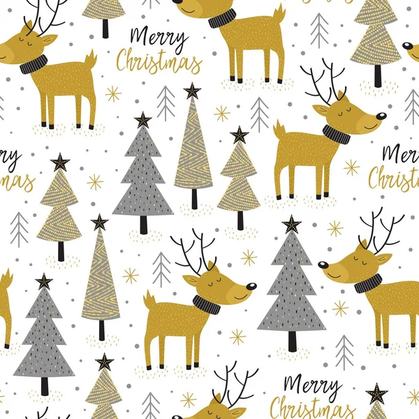 Seamless pattern gold Christmas trees and deer — Stock Vector