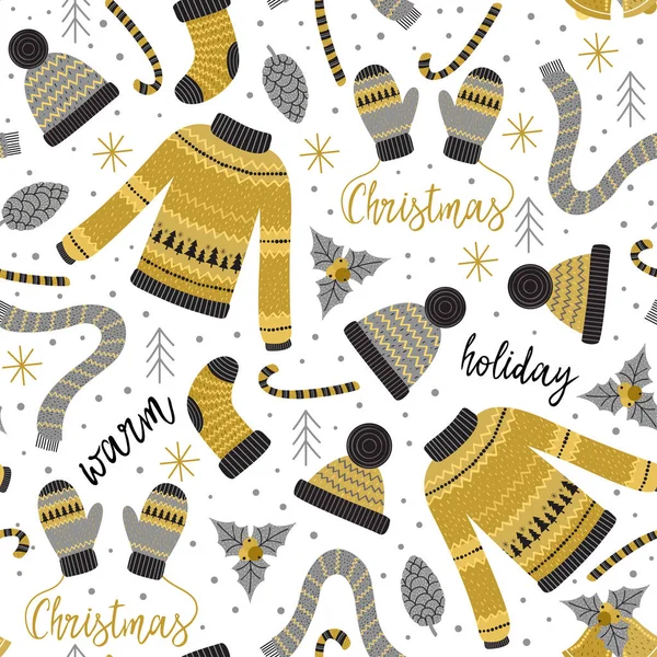 ゴールド クリスマスの暖かい服とシームレスなパターン — ストックベクタ
