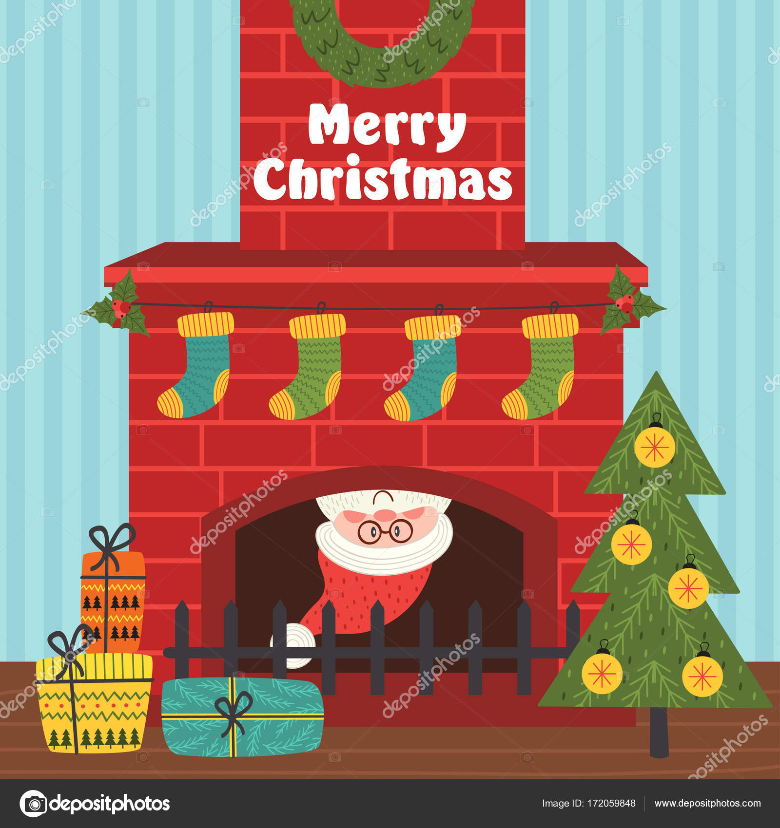 Joyeux Noel Carte Avec Le Pere Noel A L Interieur Cheminee Image Vectorielle Par Nkiseleva1 Gmail Com C Illustration