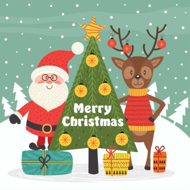 Noel Baba ve geyik ile neşeli Noel kartı 