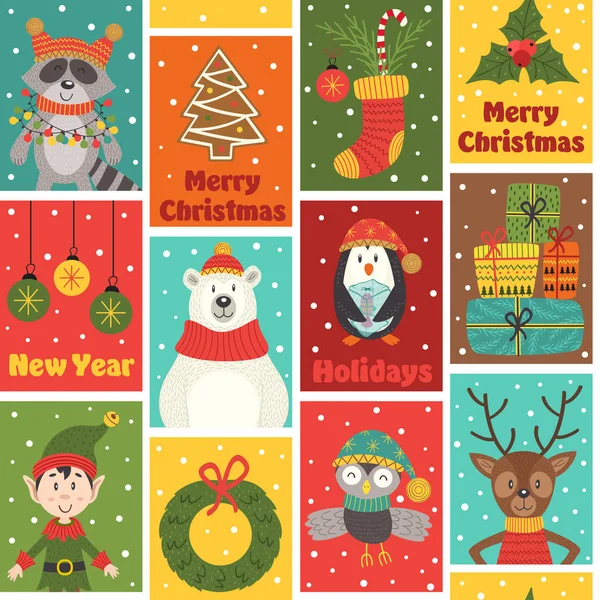 Seamless pattern with winter holiday characters and decorations — Stock Vector