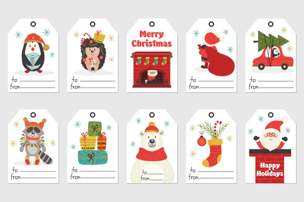 Conjunto de etiquetas de regalo con caracteres de Navidad — Archivo Imágenes Vectoriales