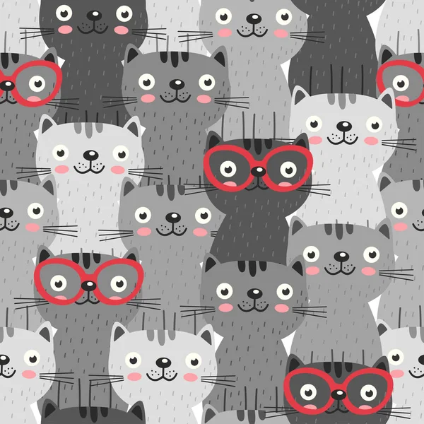 Seamless mönster med grå katter i rött glas — Stock vektor