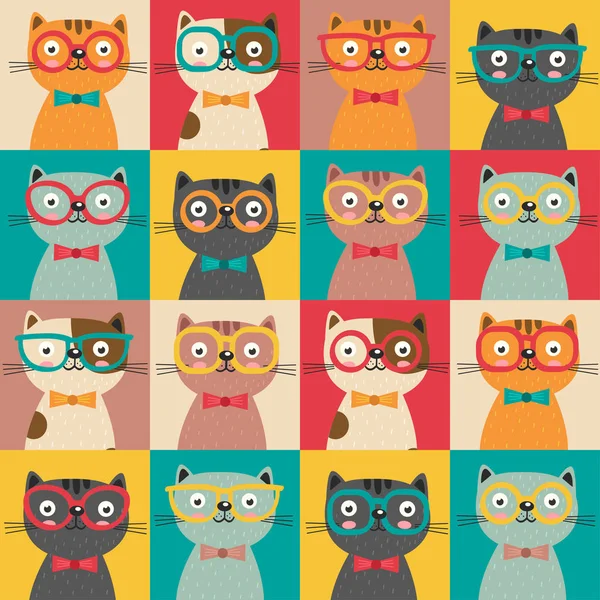 Seamless mönster med färgglada katter i rutor — Stock vektor