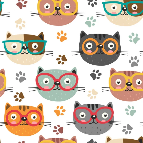 Seamless mönster med söta ansikten katter — Stock vektor