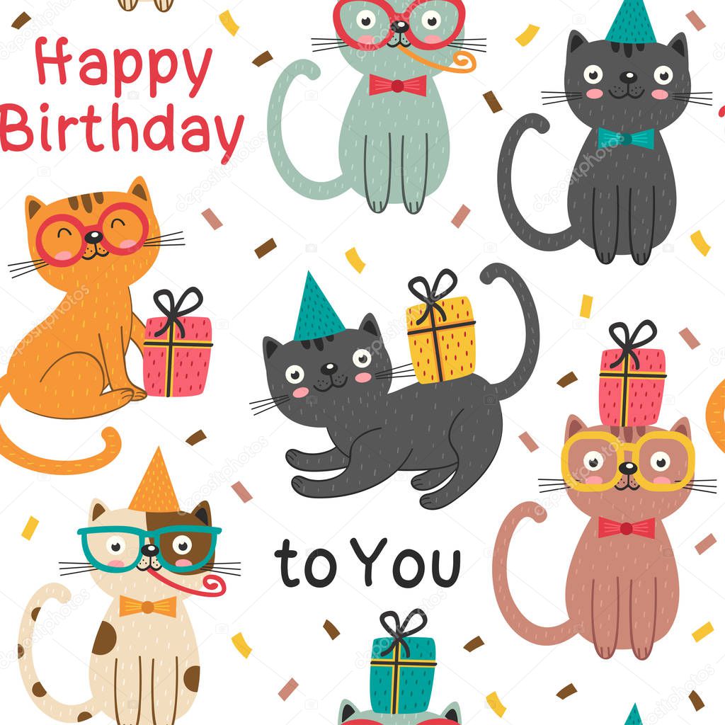 Seamless Pattern With Happy Birthday Cats — Stock Vector © Nkiseleva1