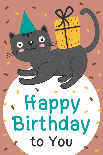 Tarjeta de cumpleaños feliz con gato negro y regalo — Vector de stock