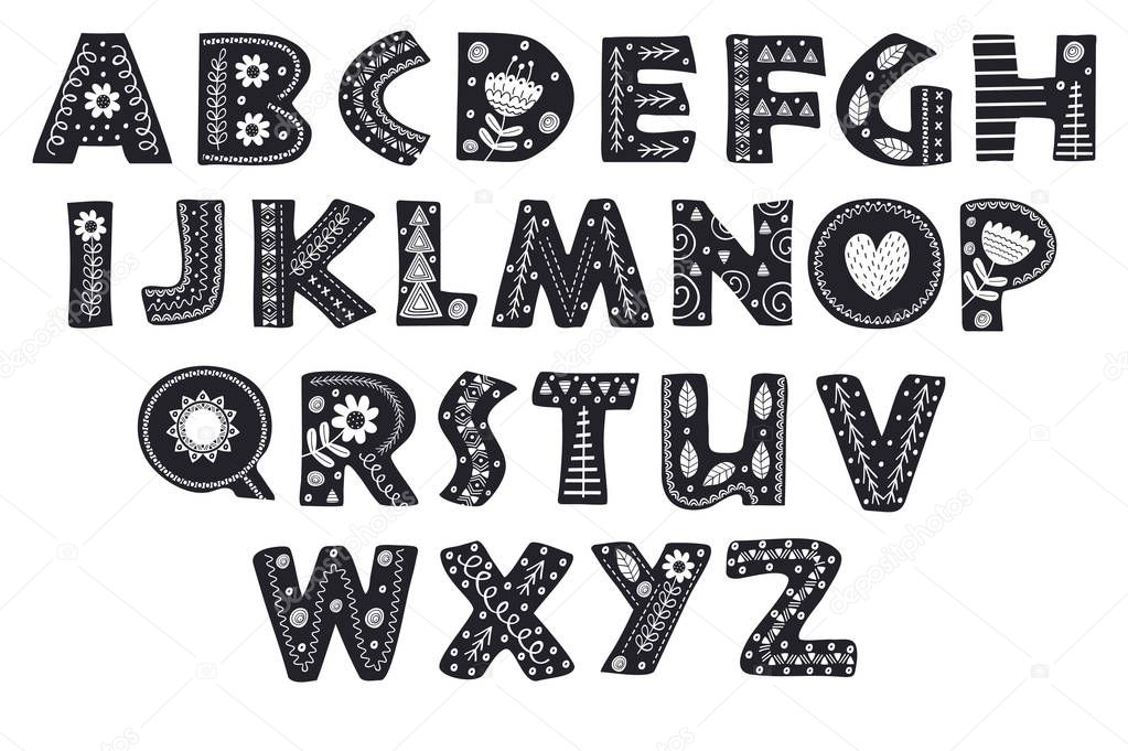 decorative alphabet in Scandinavian style color black and white - vector illustration, eps