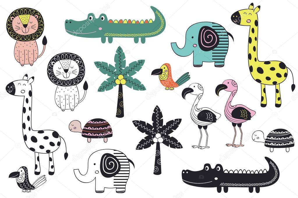 set of isolated jungle animals in Scandinavian style - vector illustration, eps