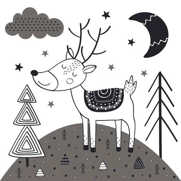 北欧風のモノクロの鹿 ポスター 幼稚な印刷 カード ベクトル イラスト Eps — ストックベクタ