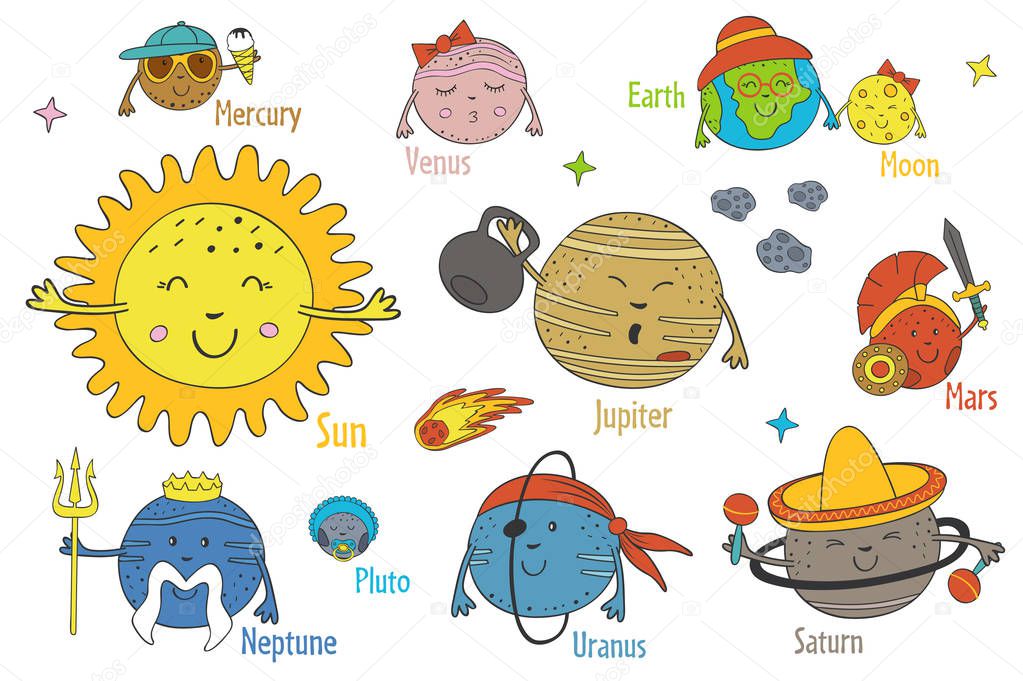 set of isolated cartoon funny planets of the solar system - vector illustration, eps